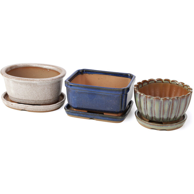 Set de 6 macetas de bonsái con platos de 98, 115 y 120 mm de Seto Yaki, Japón.