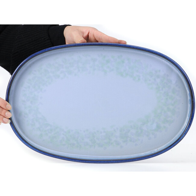 Pot à bonsaï ovale bleu par Seto Yaki - 474 x 312 x 37 mm