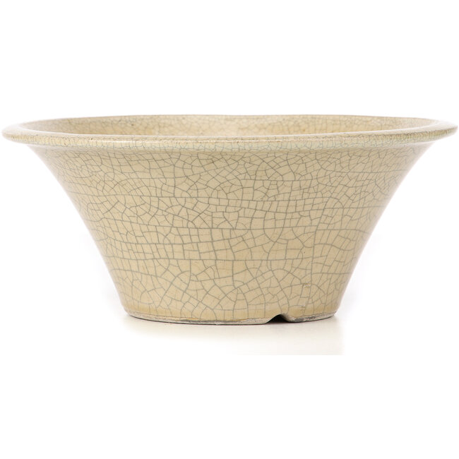 Pot à bonsaï rond beige craquelé par Terahata Satomi Mazan - 260 x 260 x 104 mm