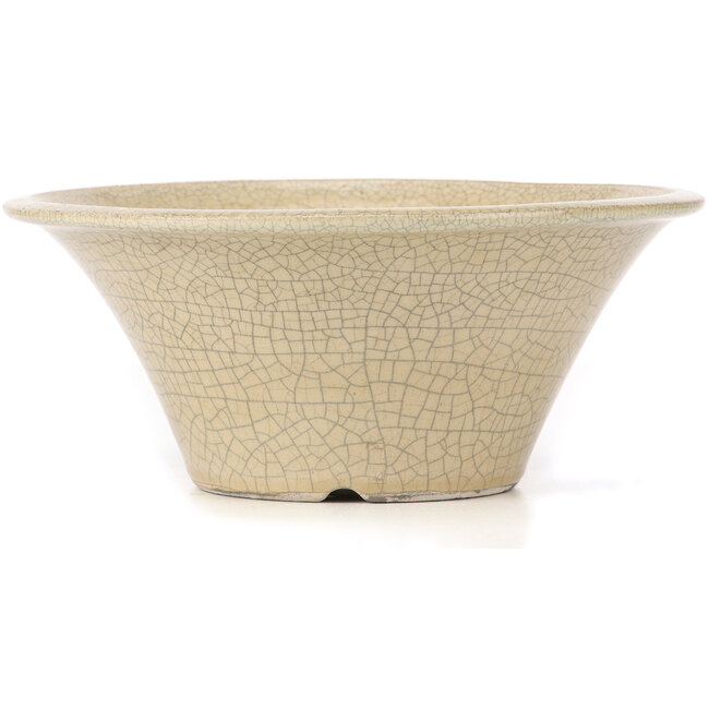 Round beige craquelé bonsai pot by Terahata Satomi Mazan - 260 x 260 x 104 mm