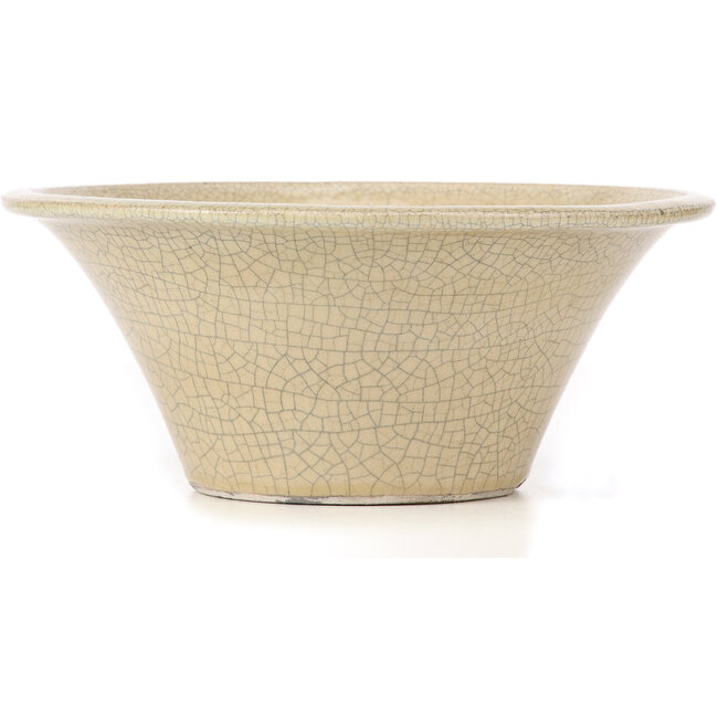 Round beige craquelé bonsai pot by Terahata Satomi Mazan - 260 x 260 x 104 mm