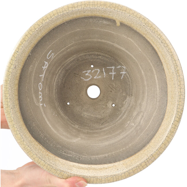 Pot à bonsaï rond beige craquelé par Terahata Satomi Mazan - 260 x 260 x 104 mm