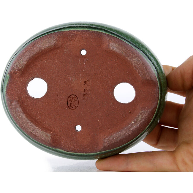 Oval green bonsai pot by Eime Yozan - 120 x 100 x 30 mm