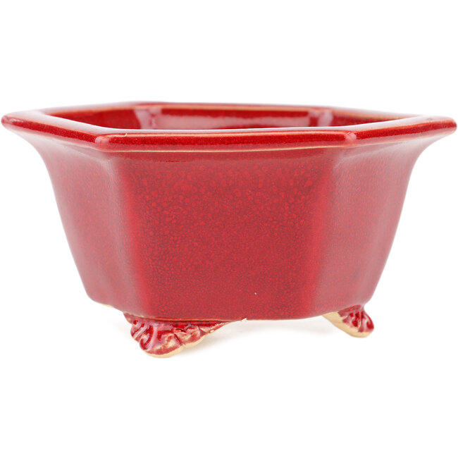 Zeshoekige rode bonsaipot van Eime Yozan - 105 x 105 x 55 mm