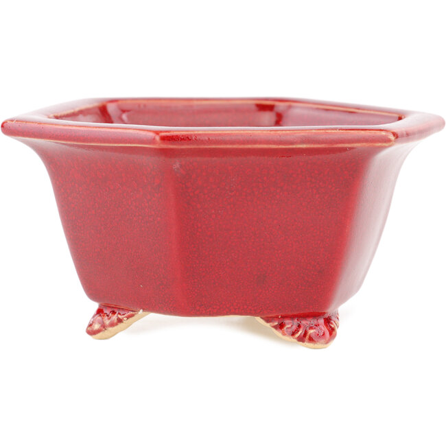 Zeshoekige rode bonsaipot van Eime Yozan - 105 x 105 x 55 mm