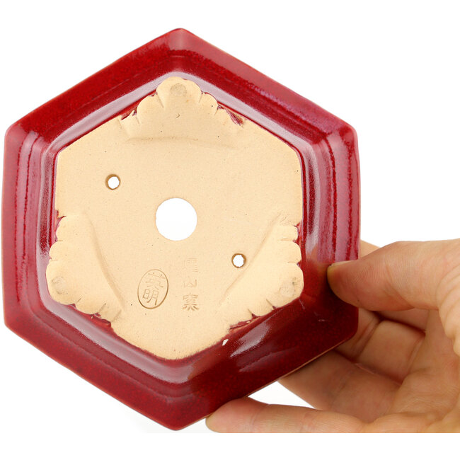 Hexagonal red bonsai pot by Eime Yozan - 105 x 105 x 55 mm