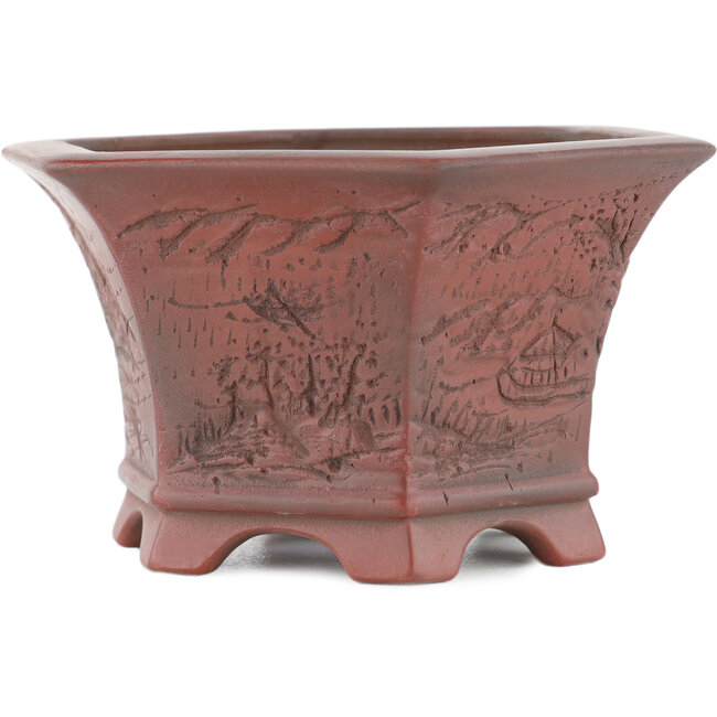 Hexagonal unglazed bonsai pot by Bigei - 120 x 105 x 62 mm