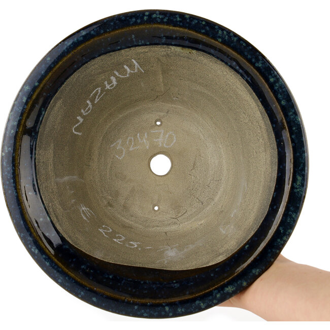 Runder blauer Bonsaitopf von Terahata Satomi Mazan – 257 x 257 x 100 mm