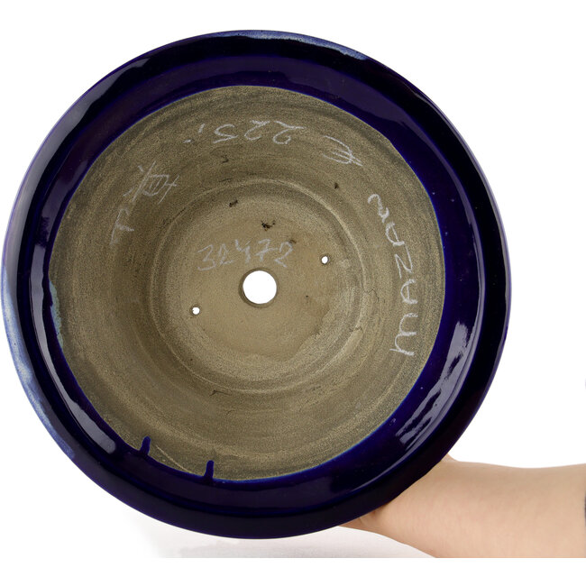 Runder blauer Bonsaitopf von Terahata Satomi Mazan – 257 x 257 x 100 mm