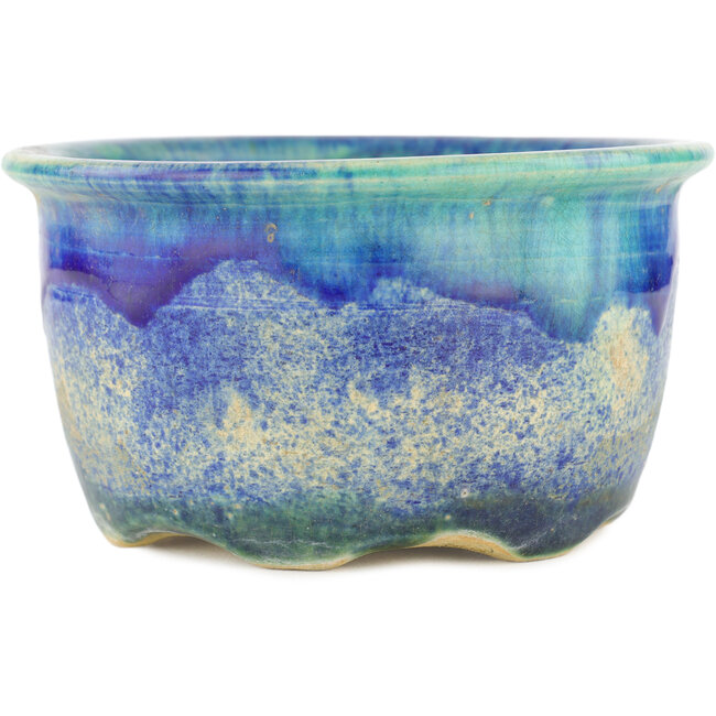 Round blue bonsai pot by Keiun Fukuda - 142 x 142 x 75 mm