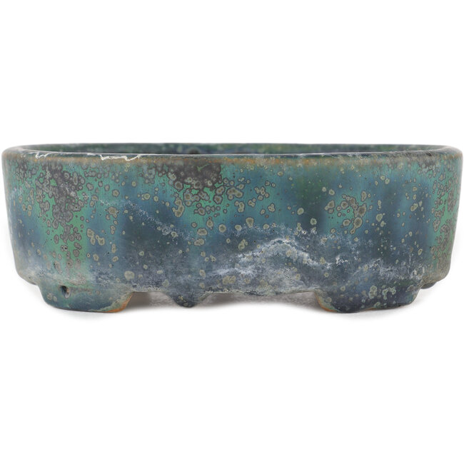 Oval green bonsai pot by Ino Shukuho - 140 x 112 x 44 mm