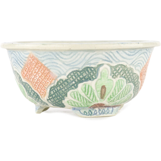 Ronde veelkleurige bonsaipot van Kei Setsu - 98 x 98 x 45 mm