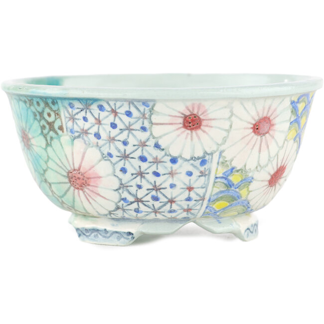 Ronde meerkleurige bonsaipot van Kei Setsu - 105 x 105 x 50 mm