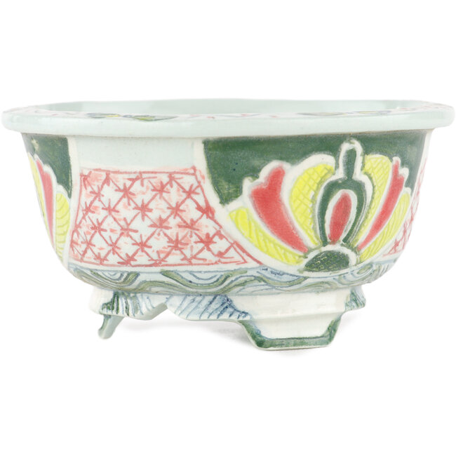 Ronde meerkleurige bonsaipot van Kei Setsu - 105 x 105 x 55 mm