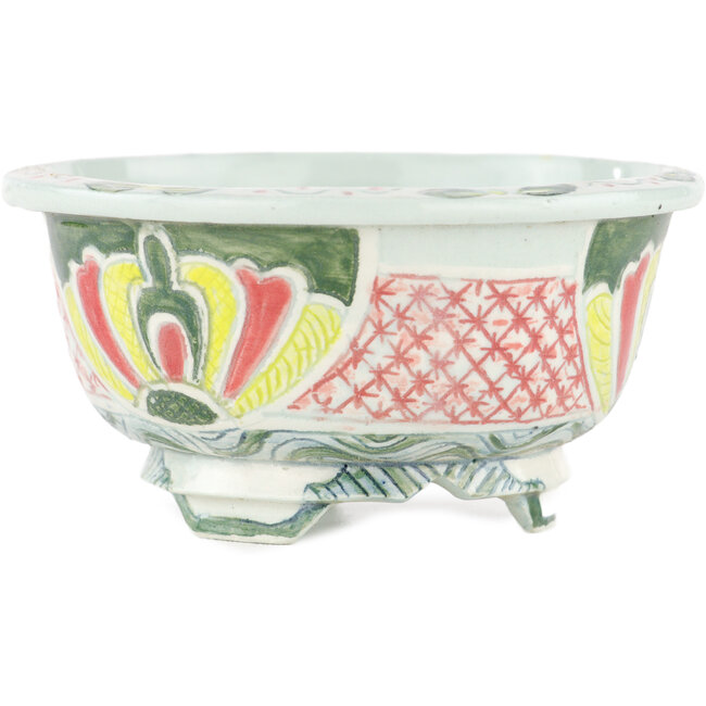 Ronde meerkleurige bonsaipot van Kei Setsu - 105 x 105 x 55 mm