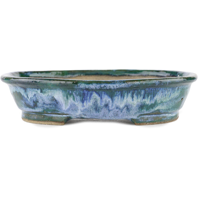 Pot à bonsaï ovale bleu et vert par Bunzan - 190 x 170 x 45 mm