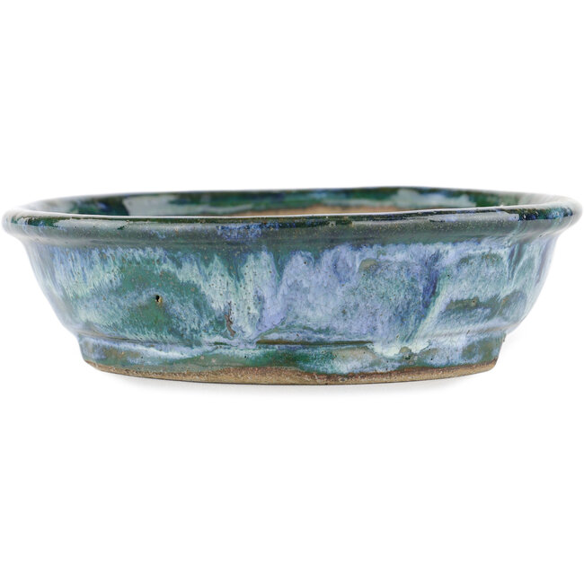 Pot à bonsaï ovale bleu et vert par Bunzan - 190 x 170 x 45 mm