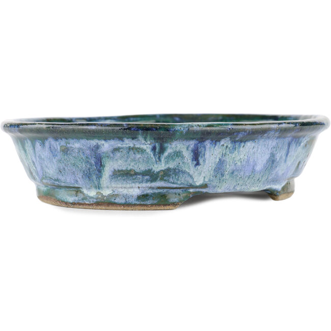 Pot à bonsaï ovale bleu et vert par Bunzan - 190 x 170 x 45 mm