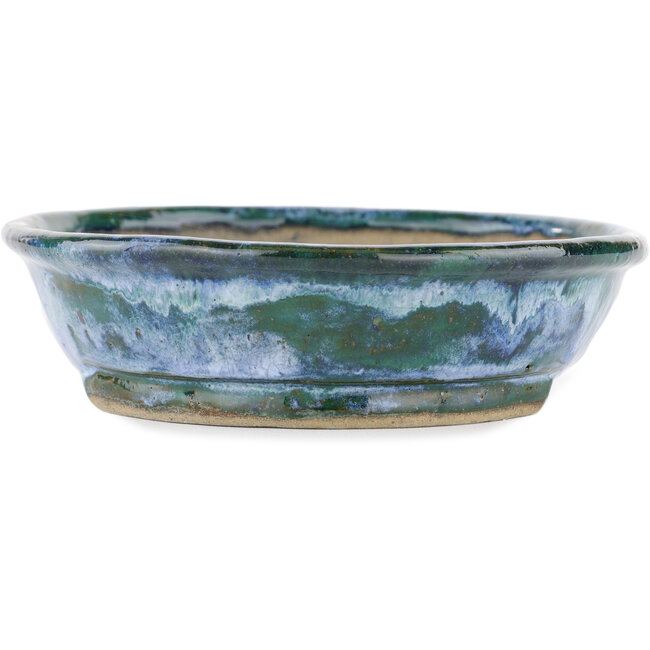Oval blue and green bonsai pot by Bunzan - 190 x 170 x 45 mm