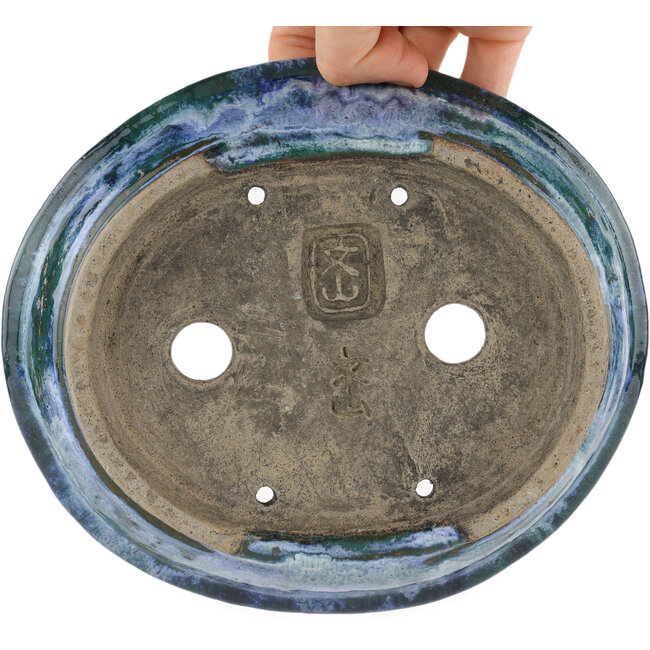 Ovale blauw-groene bonsaipot van Bunzan - 190 x 170 x 45 mm