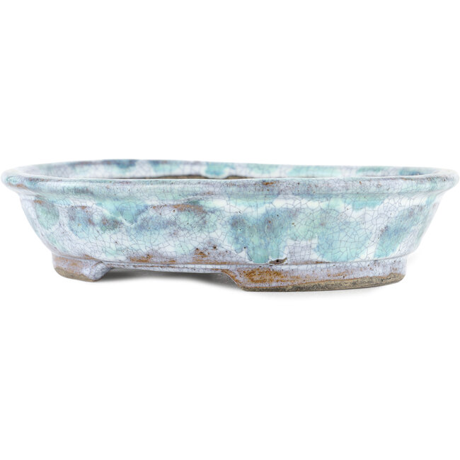 Oval white and blue bonsai pot by Bunzan - 195 x 170 x 45 mm
