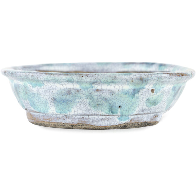 Oval white and blue bonsai pot by Bunzan - 195 x 170 x 45 mm