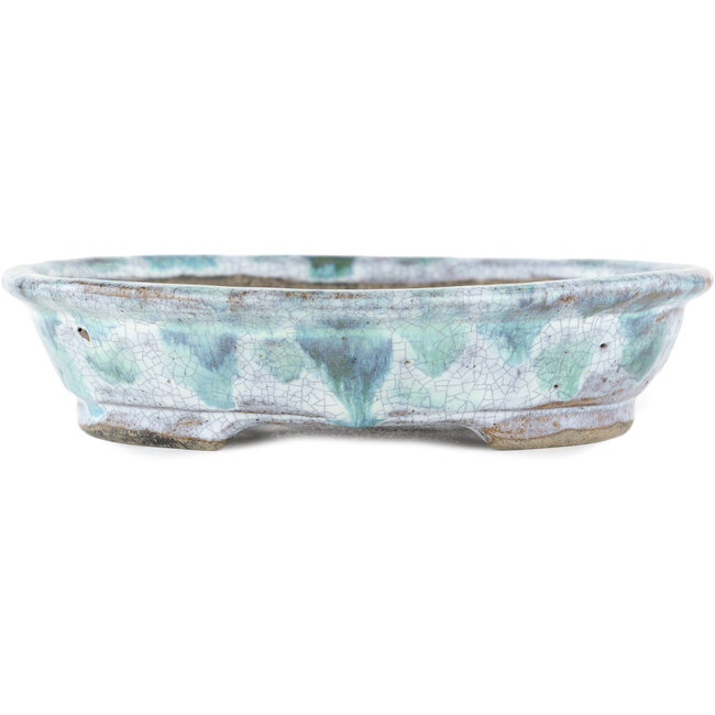 Pot à bonsaï ovale blanc et bleu par Bunzan - 195 x 170 x 45 mm