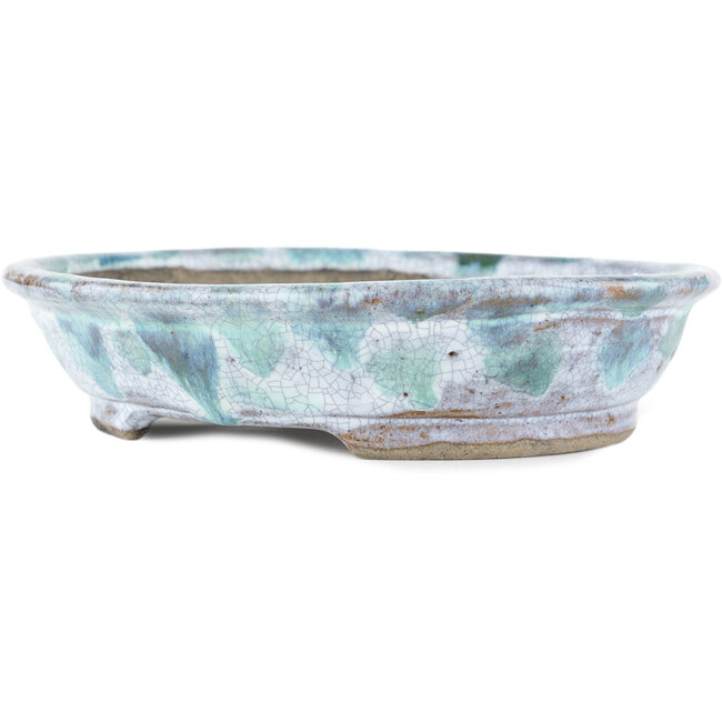 Oval white and blue bonsai pot by Bunzan - 195 x 170 x 45 mm