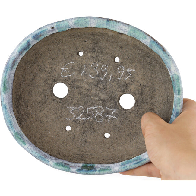 Pot à bonsaï ovale blanc et bleu par Bunzan - 195 x 170 x 45 mm