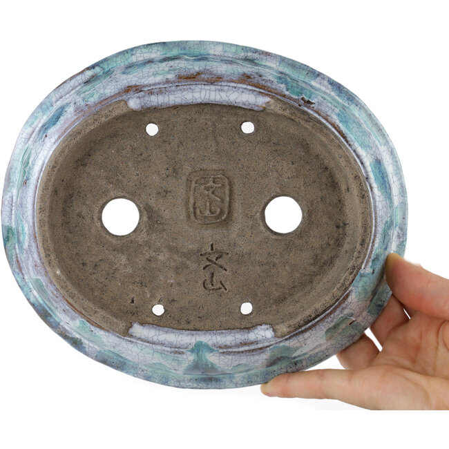 Oval white and blue bonsai pot by Bunzan - 195 x 170 x 45 mm