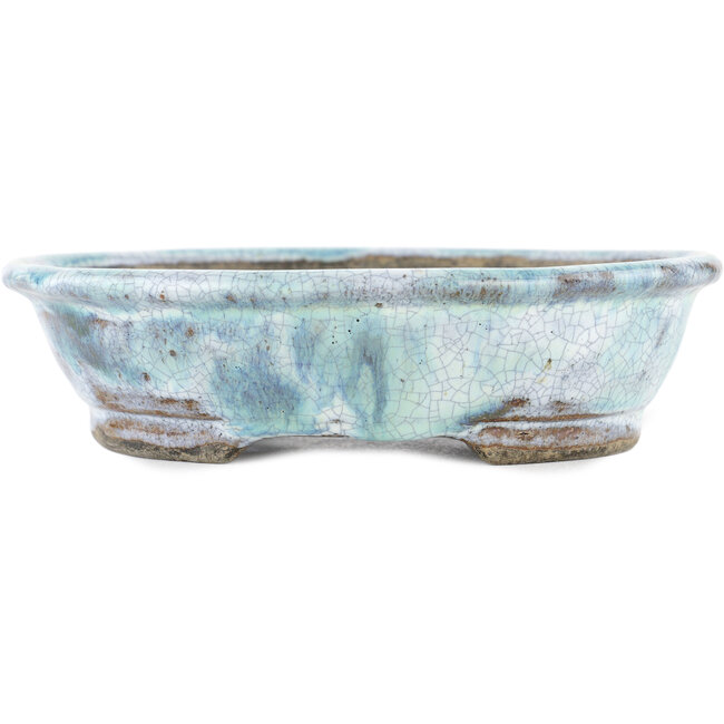 Oval blue and white bonsai pot by Bunzan - 160 x 135 x 40 mm