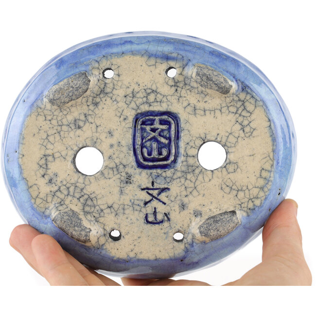 Oval blue bonsai pot by Bunzan - 150 x 125 x 35 mm