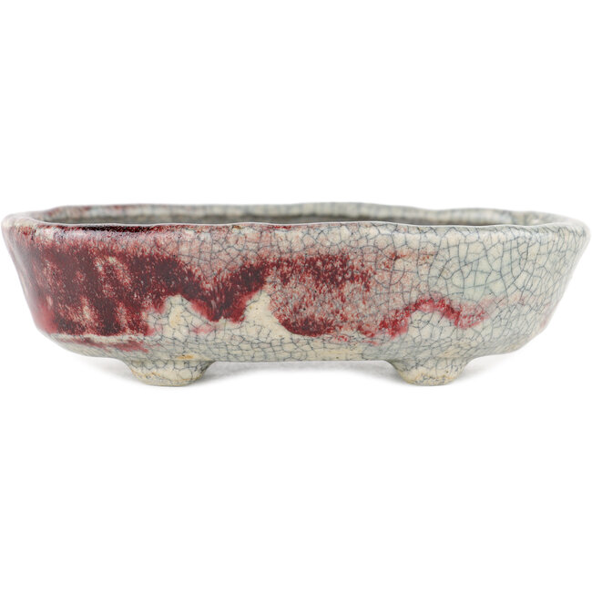 Oval red and white bonsai pot by Bunzan - 140 x 120 x 40 mm