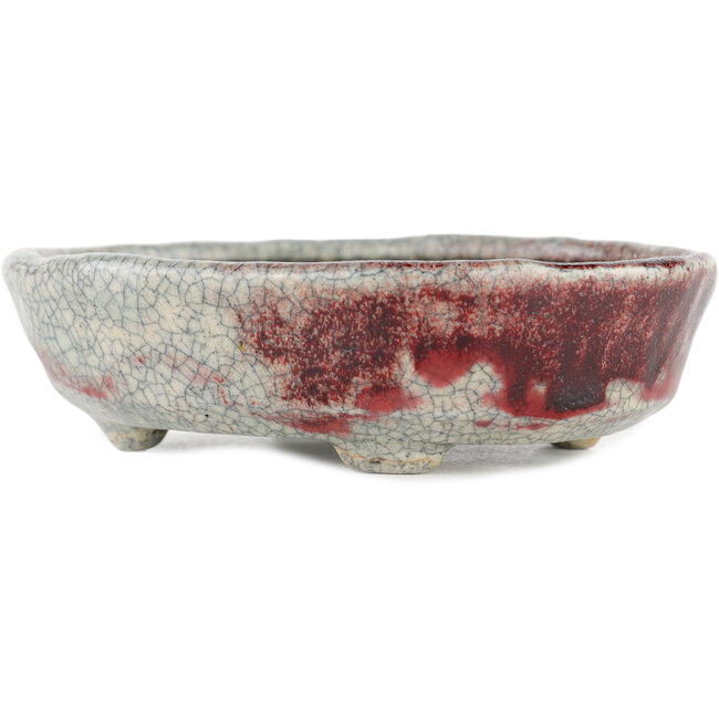 Pot à bonsaï ovale rouge et blanc par Bunzan - 140 x 120 x 40 mm