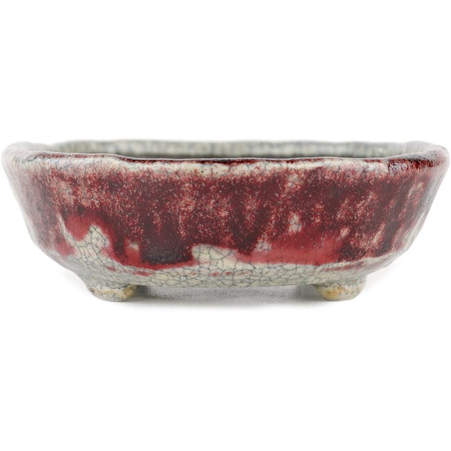Oval red and white bonsai pot by Bunzan - 140 x 120 x 40 mm