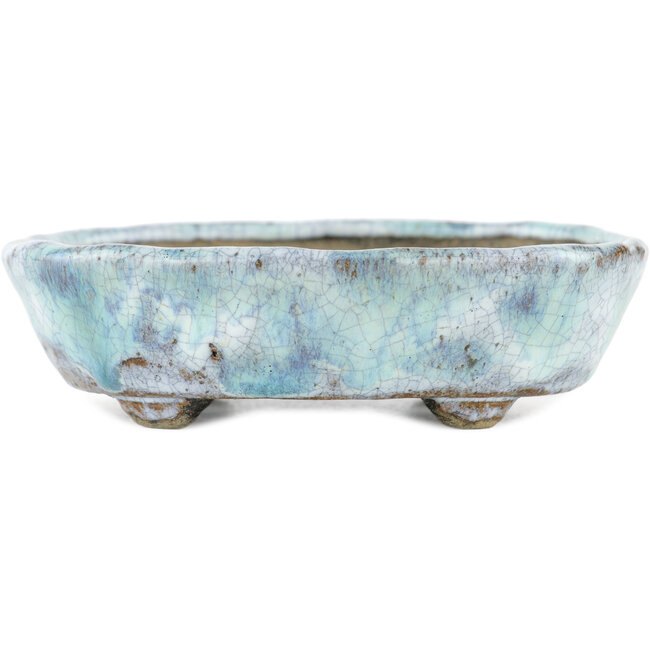 Oval white and blue bonsai pot by Bunzan - 120 x 100 x 35 mm