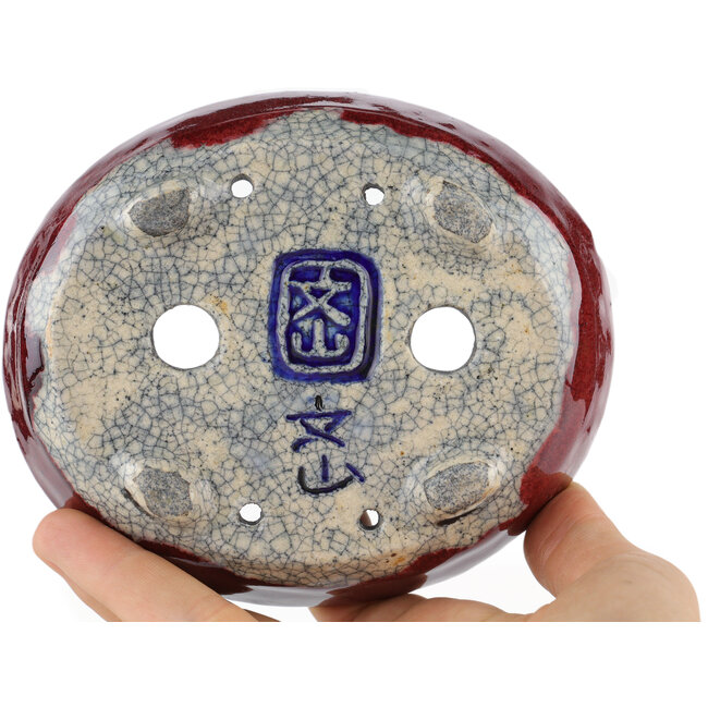 Pot à bonsaï ovale rouge et blanc par Bunzan - 135 x 115 x 35 mm