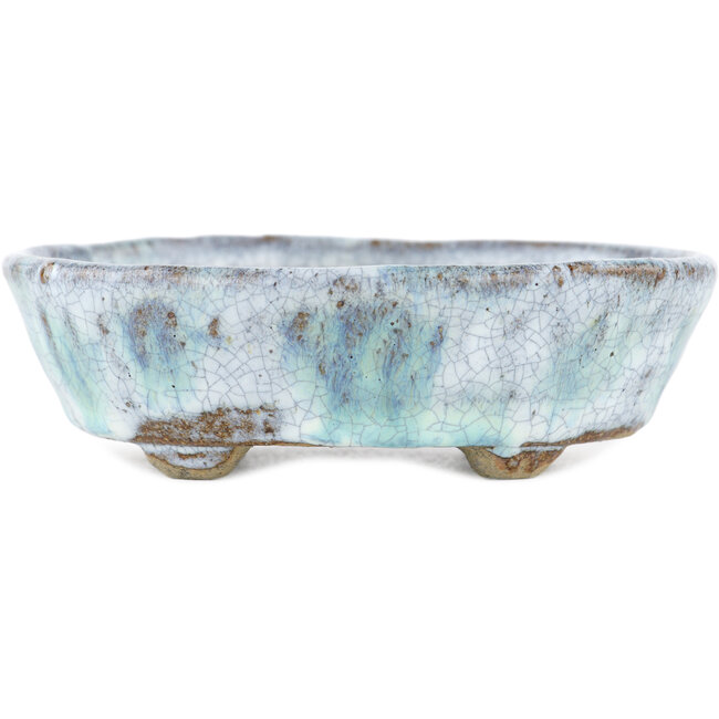 Oval white and blue bonsai pot by Bunzan - 120 x 100 x 35 mm