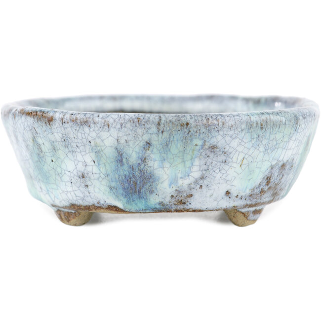 Pot à bonsaï ovale blanc et bleu par Bunzan - 120 x 100 x 35 mm