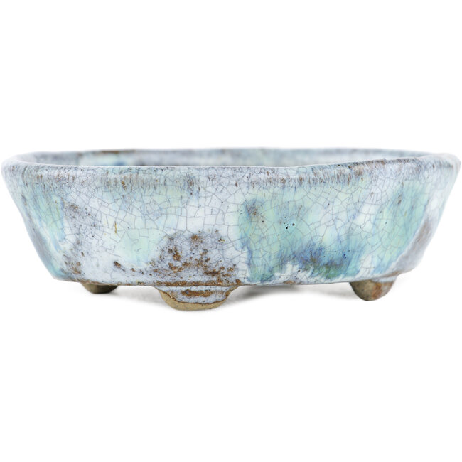 Oval white and blue bonsai pot by Bunzan - 120 x 100 x 35 mm