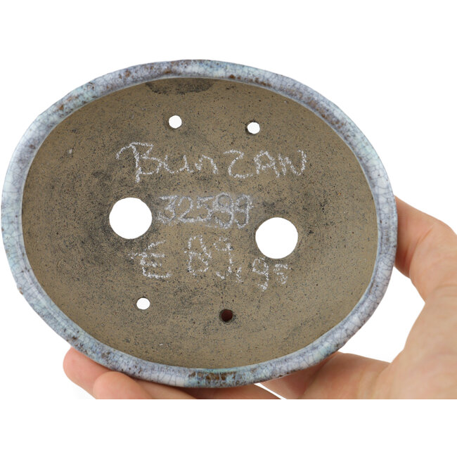 Pot à bonsaï ovale blanc et bleu par Bunzan - 120 x 100 x 35 mm