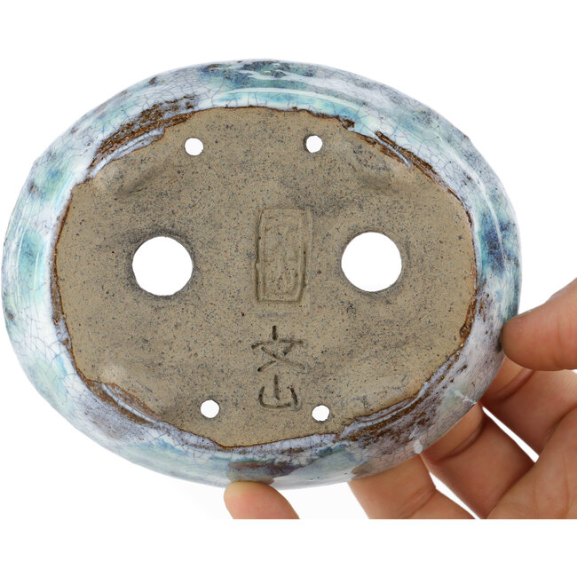 Maceta ovalada para bonsái blanca y azul de Bunzan - 120 x 100 x 35 mm