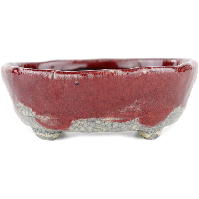 Oval red and white bonsai pot by Bunzan - 125 x 105 x 40 mm