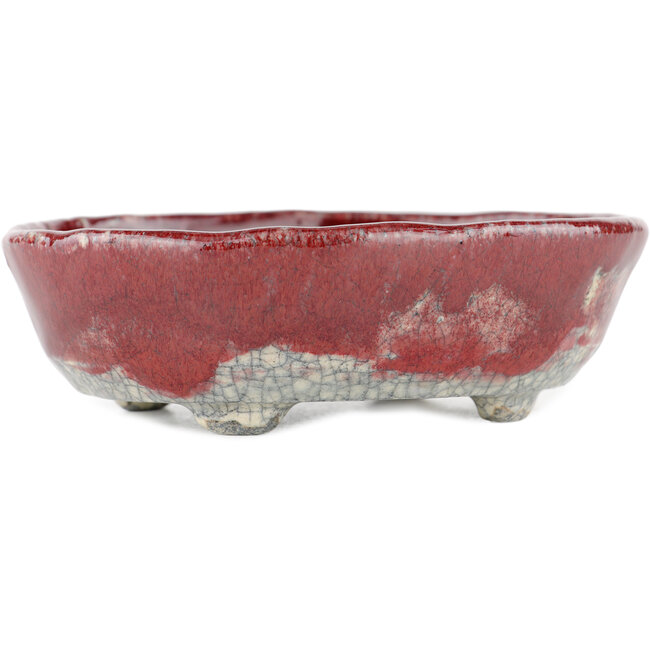 Pot à bonsaï ovale rouge et blanc par Bunzan - 125 x 105 x 40 mm