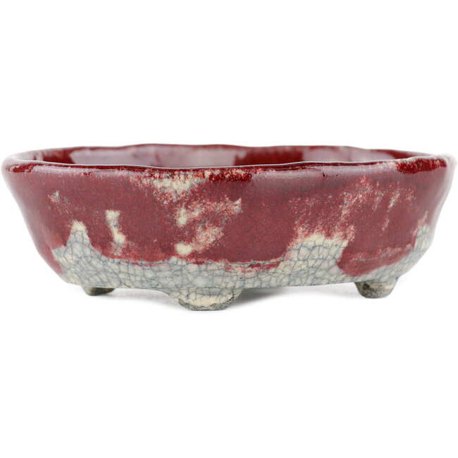 Ovaler rot-weißer Bonsai-Topf von Bunzan - 125 x 105 x 40 mm