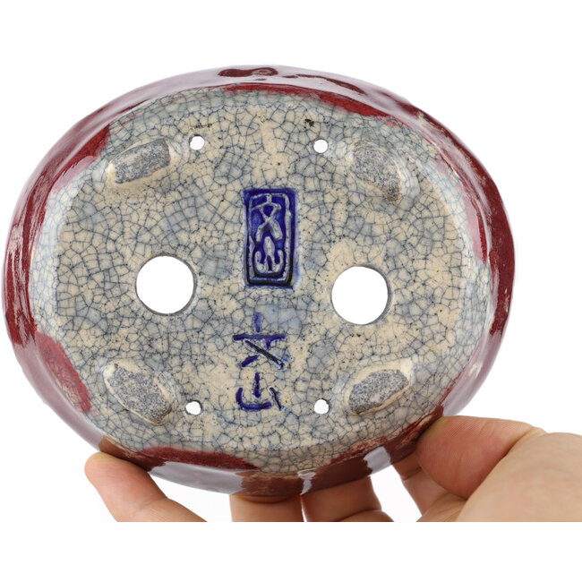 Pot à bonsaï ovale rouge et blanc par Bunzan - 125 x 105 x 40 mm