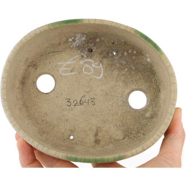 Oval beige bonsai pot by Terahata Satomi Mazan - 160 x 130 x 50 mm