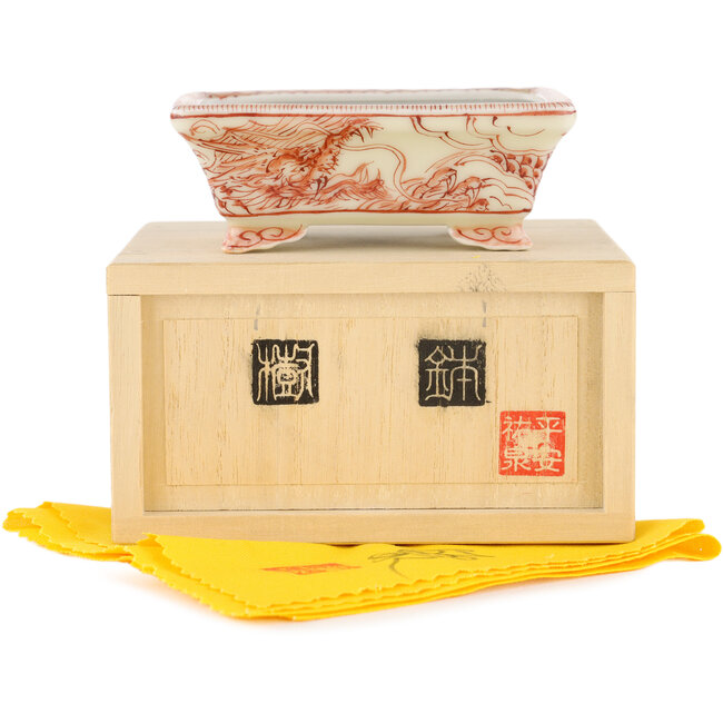 Rechteckiger weiß-roter Bonsai-Topf von Kutani - 92 x 74 x 33 mm