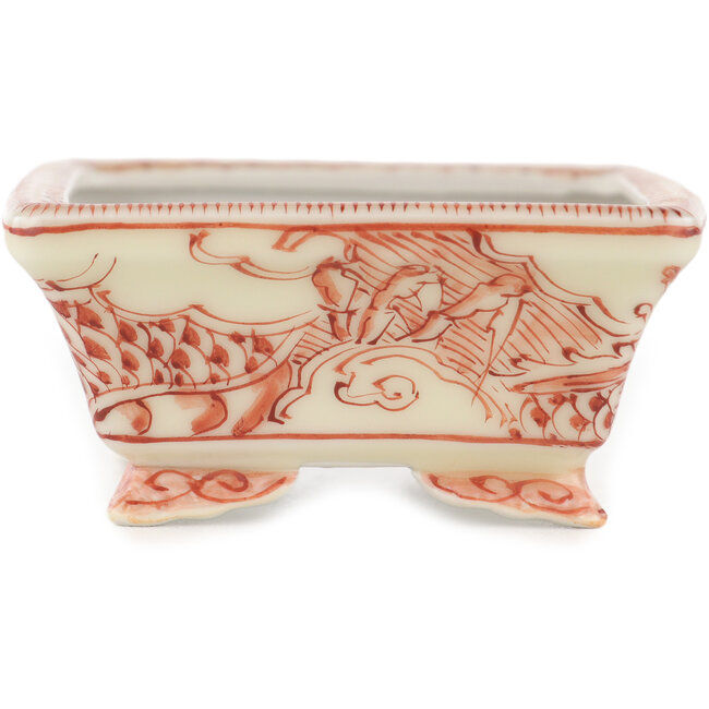 Rechthoekige witte en rode bonsaipot van Kutani - 92 x 74 x 33 mm