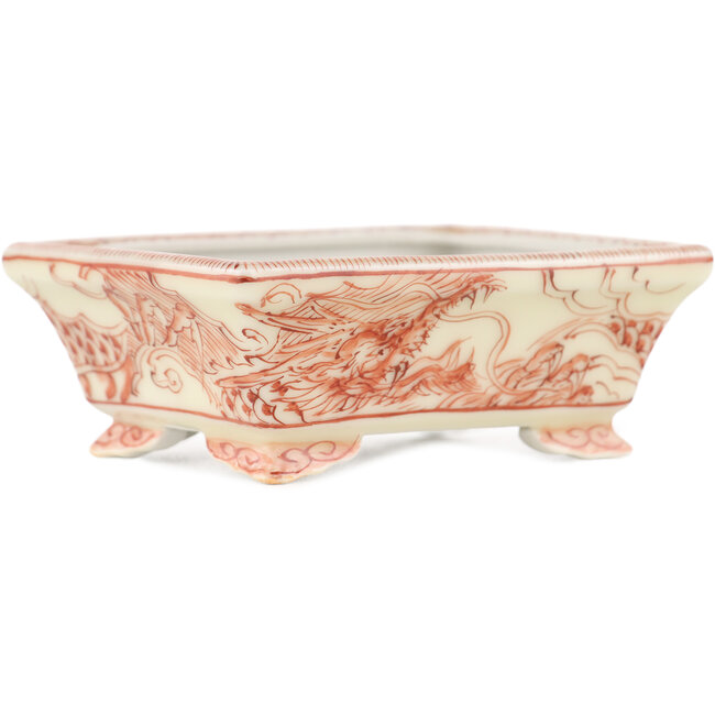 Pot à bonsaï rectangulaire blanc et rouge par Kutani - 92 x 74 x 33 mm